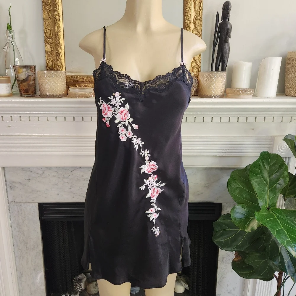 Vintage 90s Black Floral Chemise Slip Dress Sz M Pink Embroidered Mini Lace Y2K
